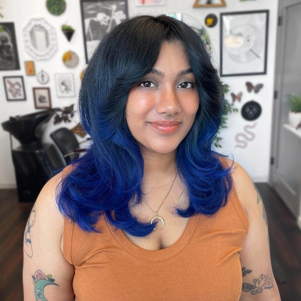 Long Layered Bob With Blue Ombre